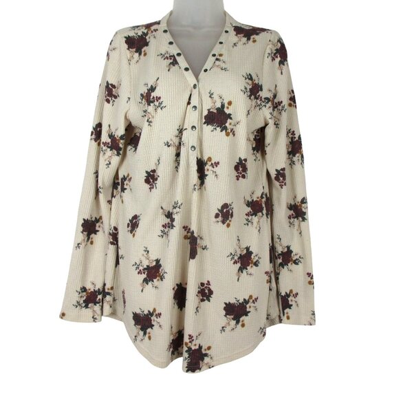 TORRID Top Thermal Henley Cream Floral V-Neck Snap Button Closure Knit 1X Casual - Picture 2 of 7
